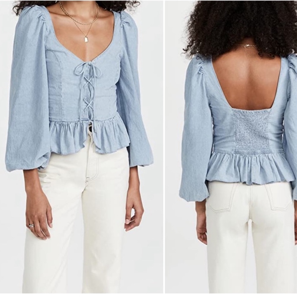 Pink Rose Light Wash Denim Cotton Chambray Corset Peplum Puff Sleeve Top